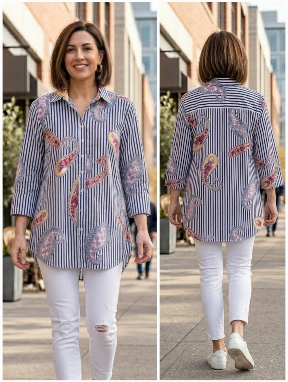 NWOT Chico's 3 Money Contemporary Boho Bengal Striped Paisley Button Down Tunic